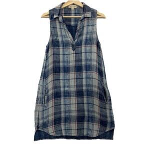 Cloth & Stone Shirt Dress Womens S Blue Plaid Gauzy Cotton Distressed Pockets